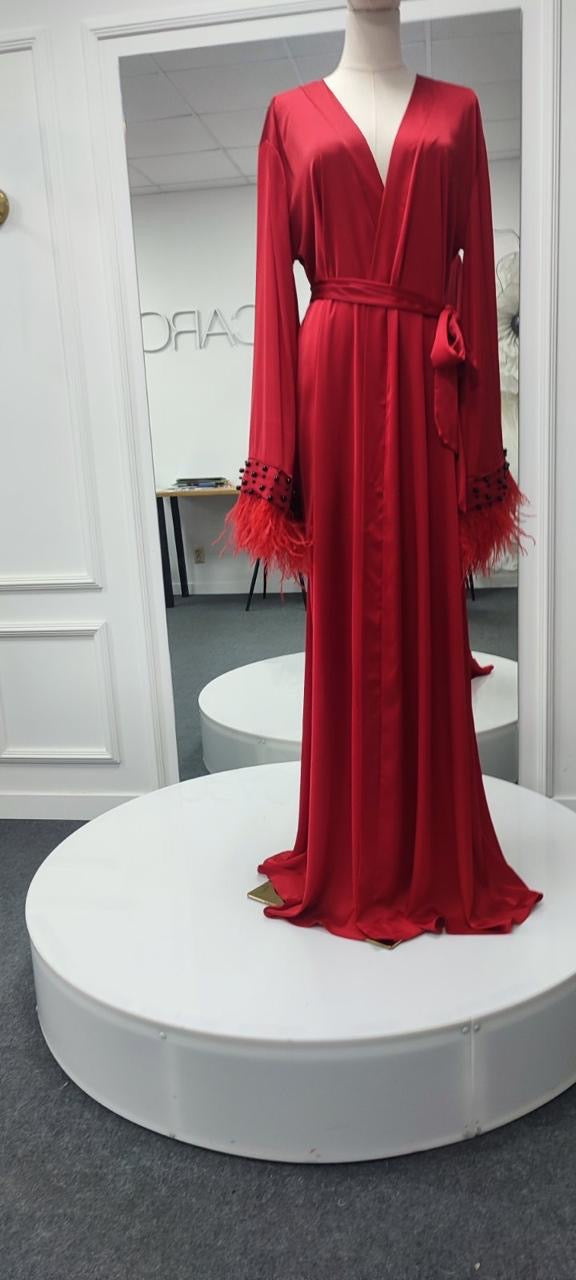LEONA LONG RED silk robe with feathers