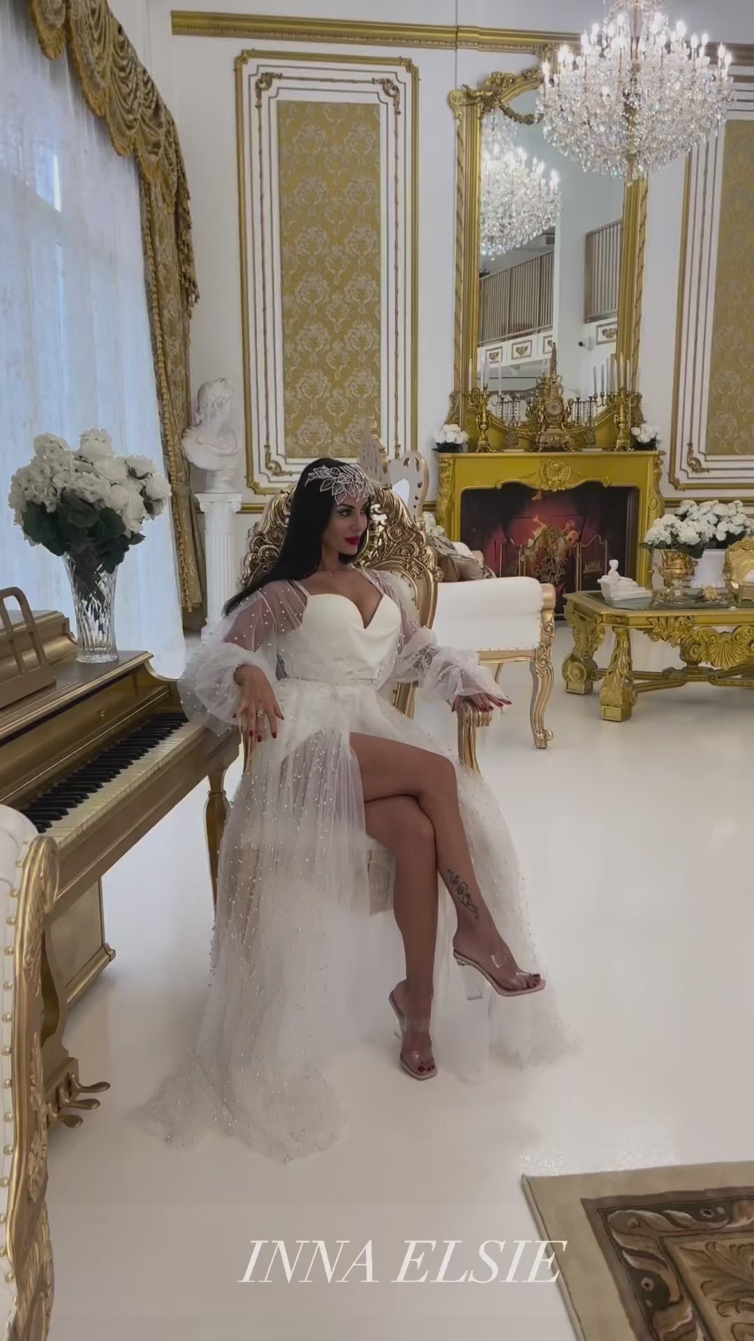 luxury long bridal robe with pearls