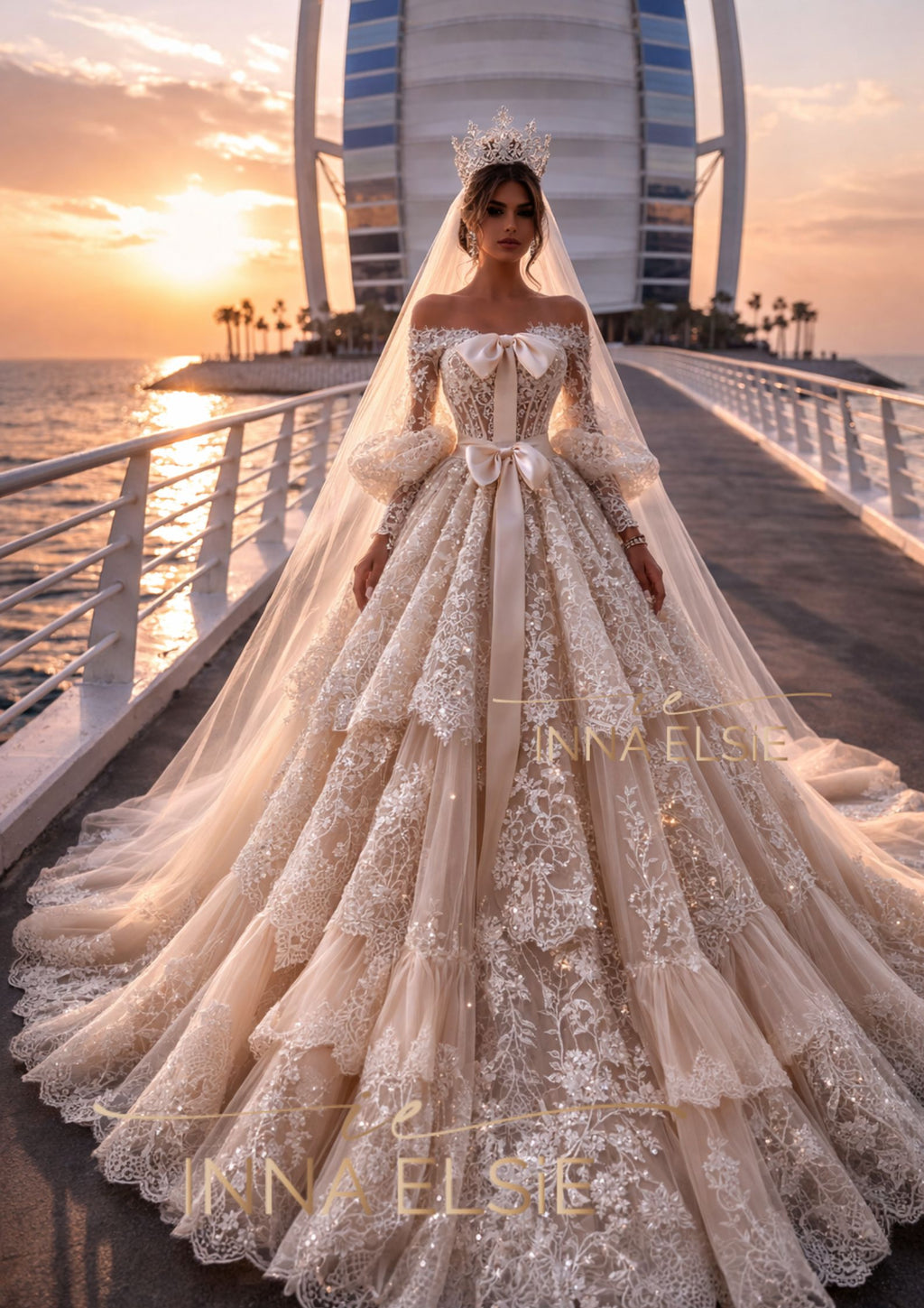 Woman in a wedding dress standing on a bridge with a sunset and modern building in the background