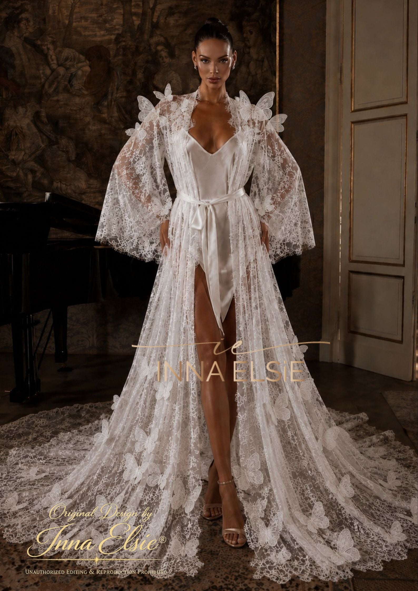 POLINA lace bridal robe with train