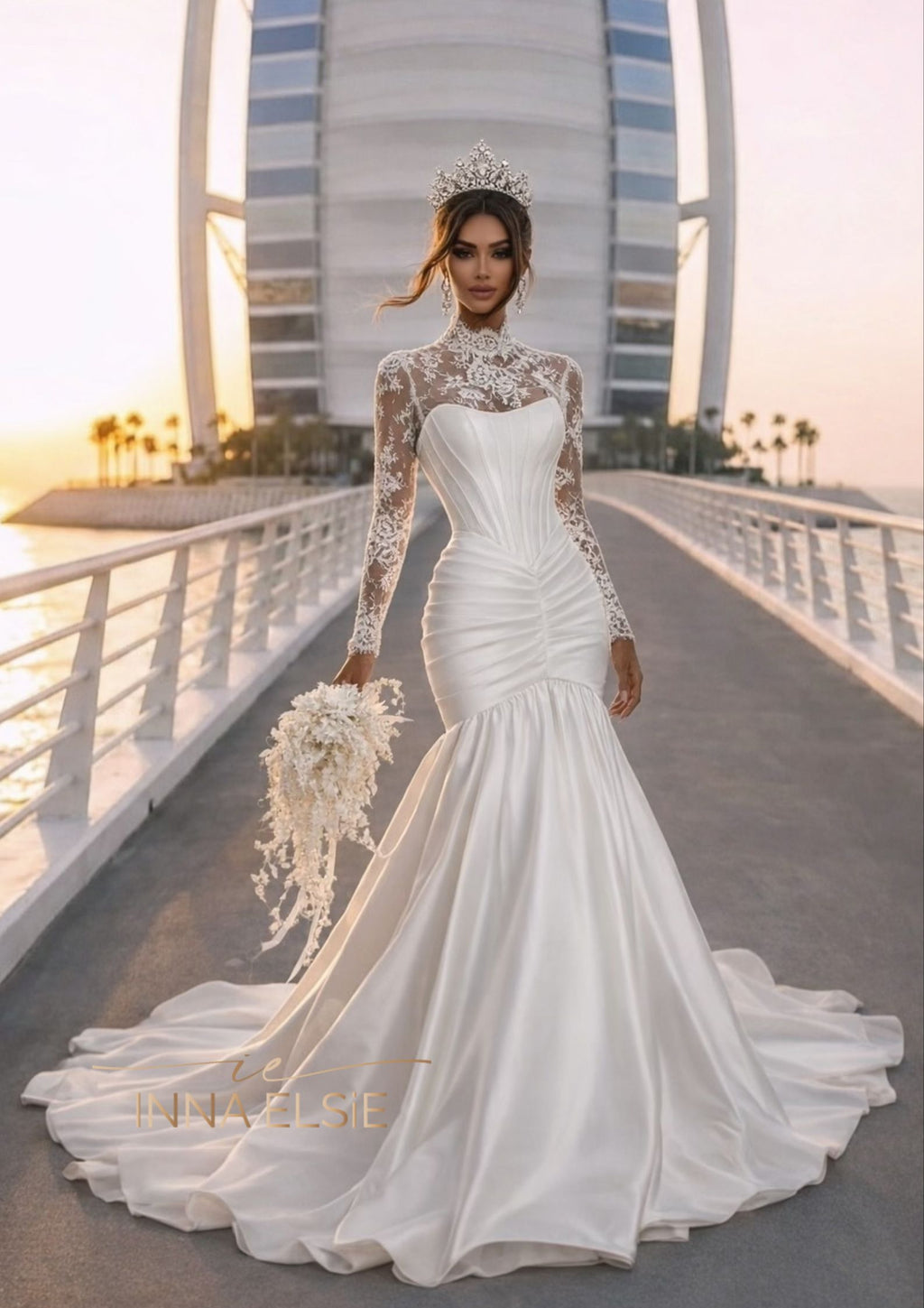 GRACE Lace High-Neck Corset Mermaid Gown With Draped Skirt