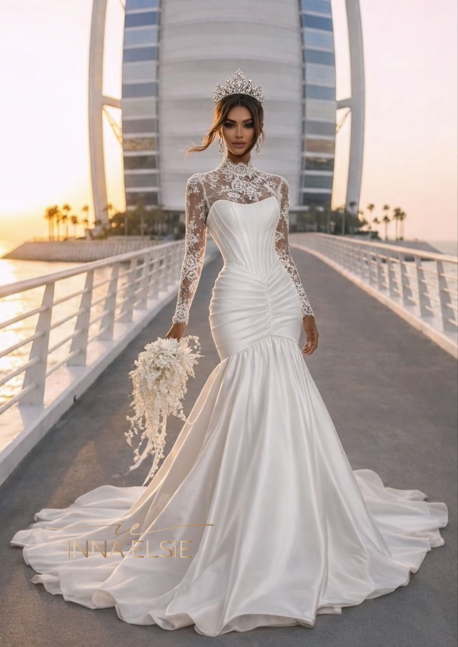 GRACE Lace High-Neck Corset Mermaid Gown With Draped Skirt