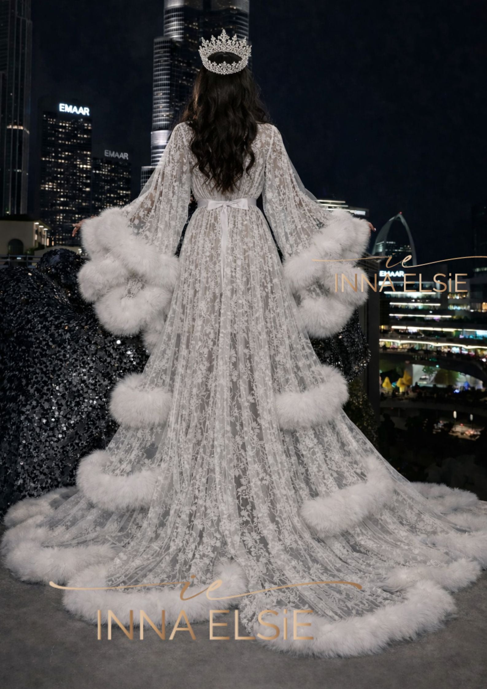AMIKA Lace Bridal Robe with Fur