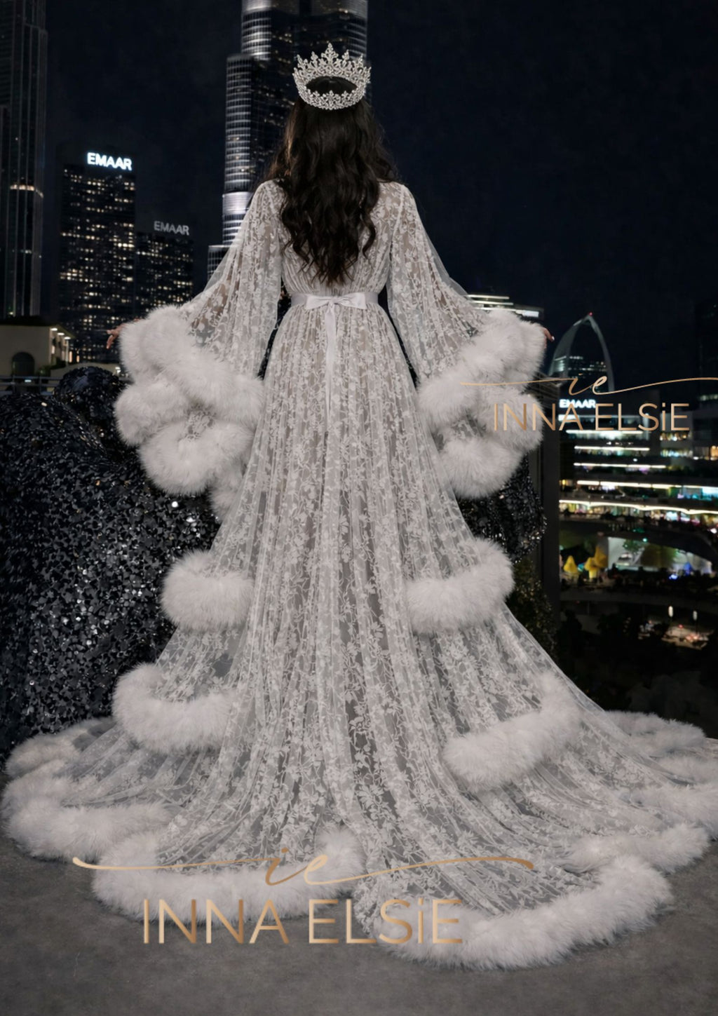 AMIKA Lace Bridal Robe with Fur