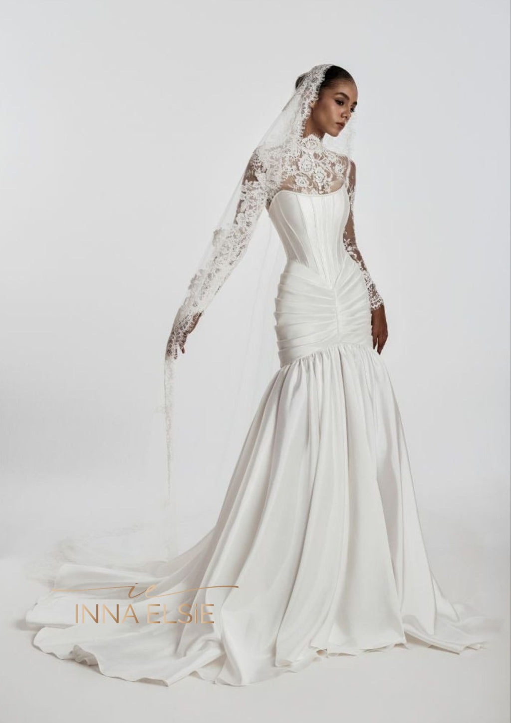 GRACE Lace High-Neck Corset Mermaid Gown With Draped Skirt