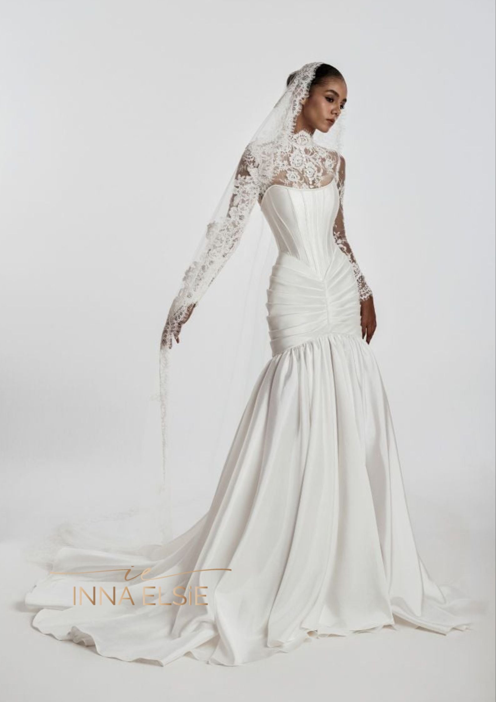 GRACE Lace High-Neck Corset Mermaid Gown With Draped Skirt