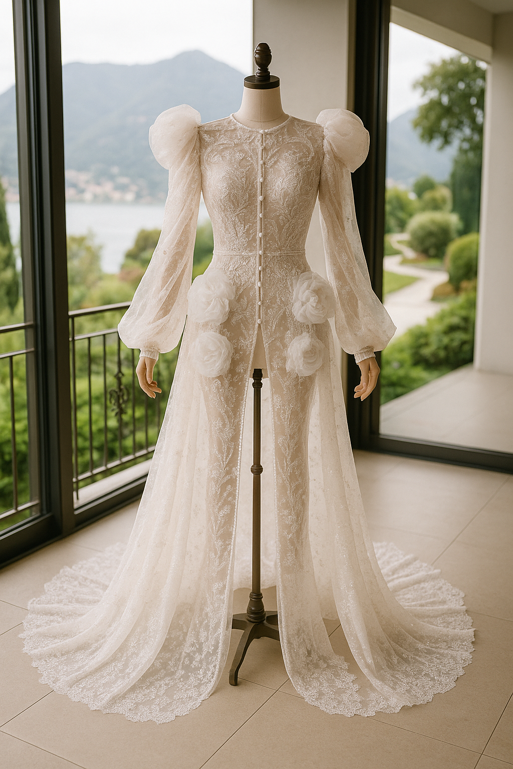 Lace wedding dress on a mannequin in front of large windows with a scenic view.