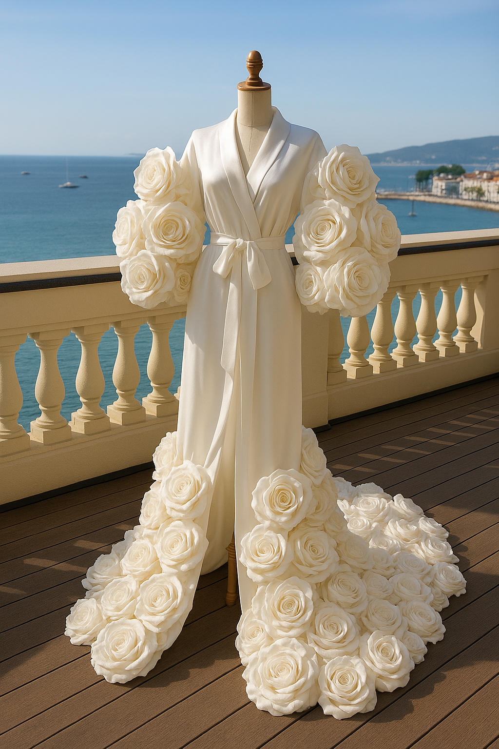 White robe with floral decorations on a mannequin against a scenic ocean backdrop