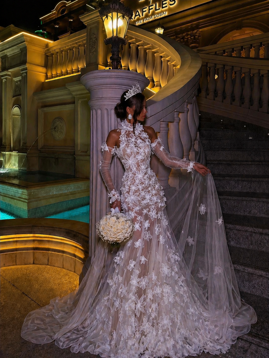 Klarissa Sheer Floral Appliqué Gown With High Neck & Detachable Sleeves