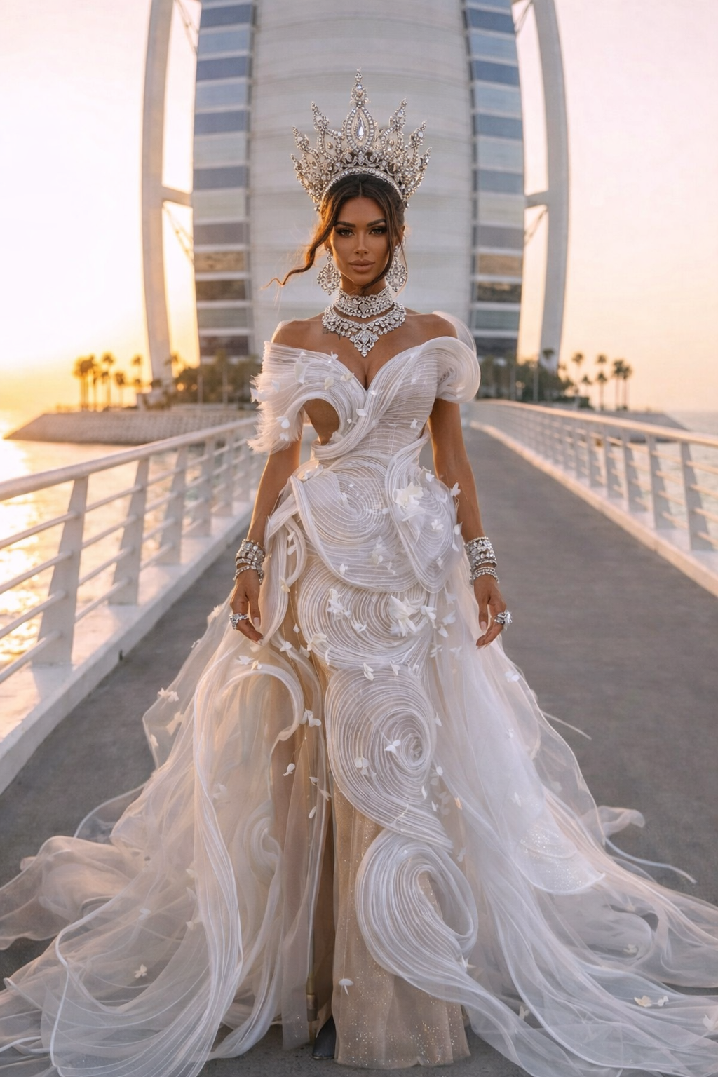 Woman in an elaborate white wedding dress with a high slit, standing on a bridge with a city skyline in the background.