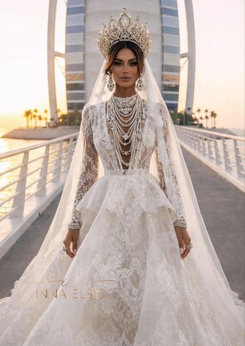 MARLENA Deep V Lace Corset Ball Gown With Layered Tulle Skirt