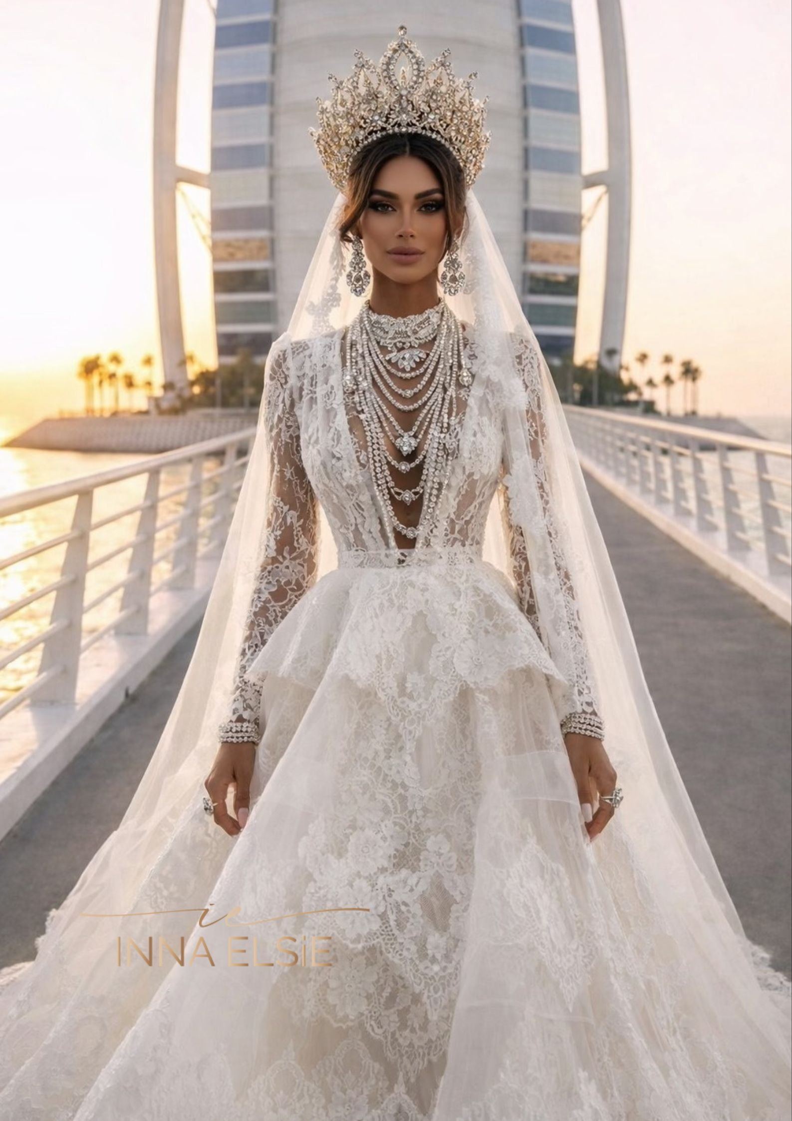 MARLENA Deep V Lace Corset Ball Gown With Layered Tulle Skirt