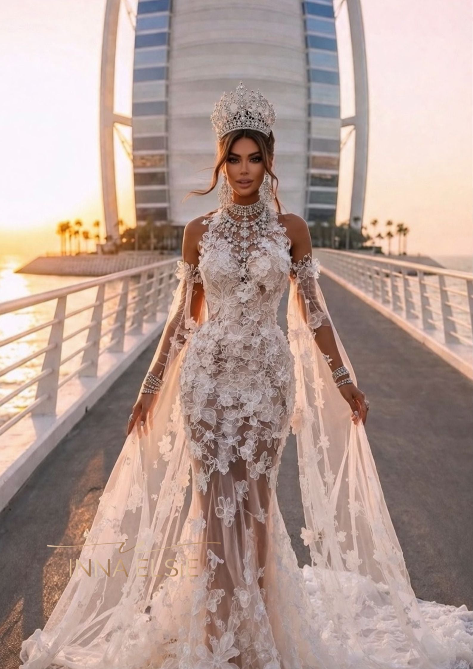 Klarissa Sheer Floral Appliqué Gown With High Neck & Detachable Sleeves