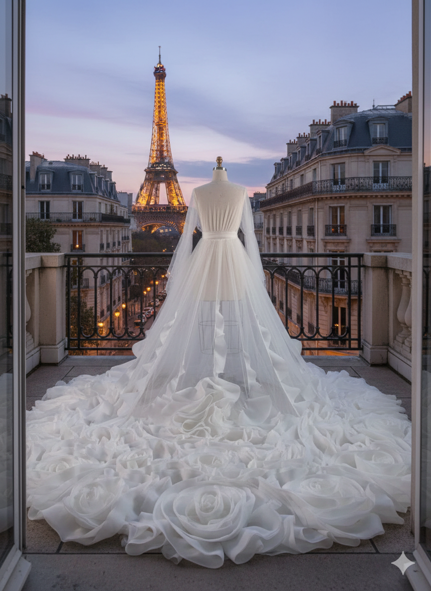 White wedding dress on a mannequin with the Eiffel Tower in the background