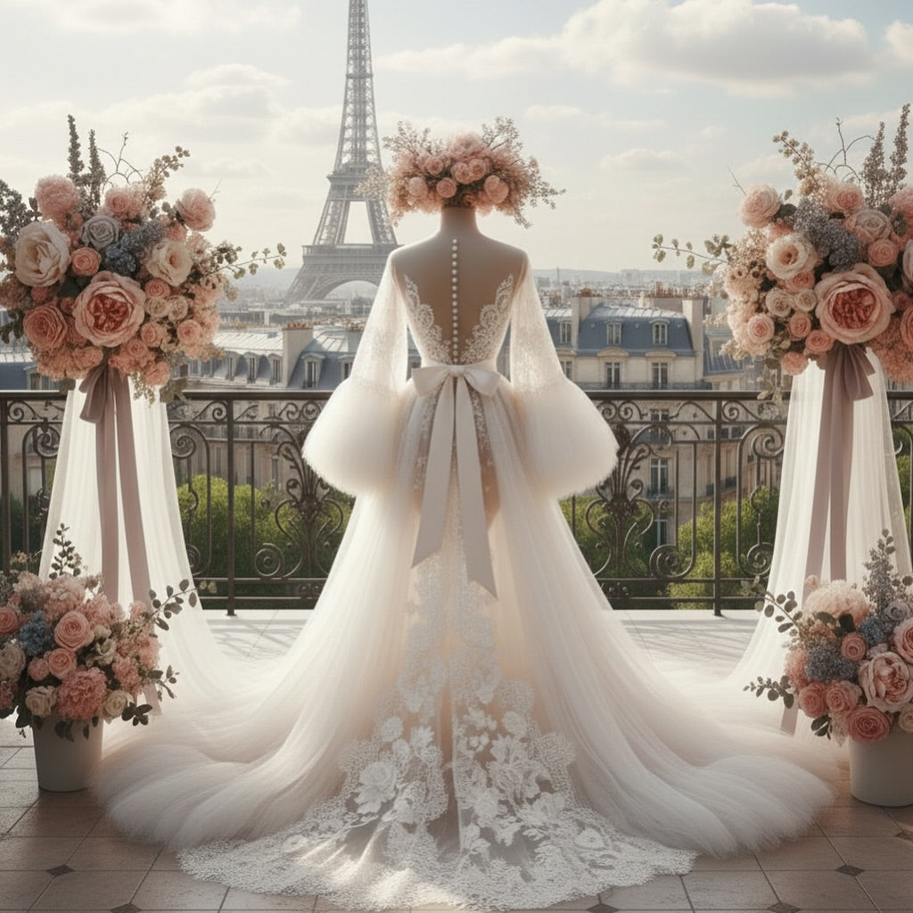 Woman in a white wedding dress with a floral arch and Eiffel Tower in the background