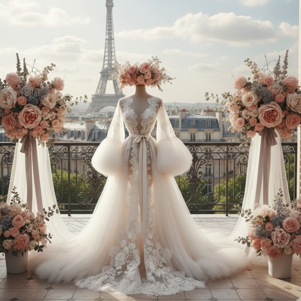 Person in a wedding dress with floral headpiece and bouquets, Eiffel Tower in the background