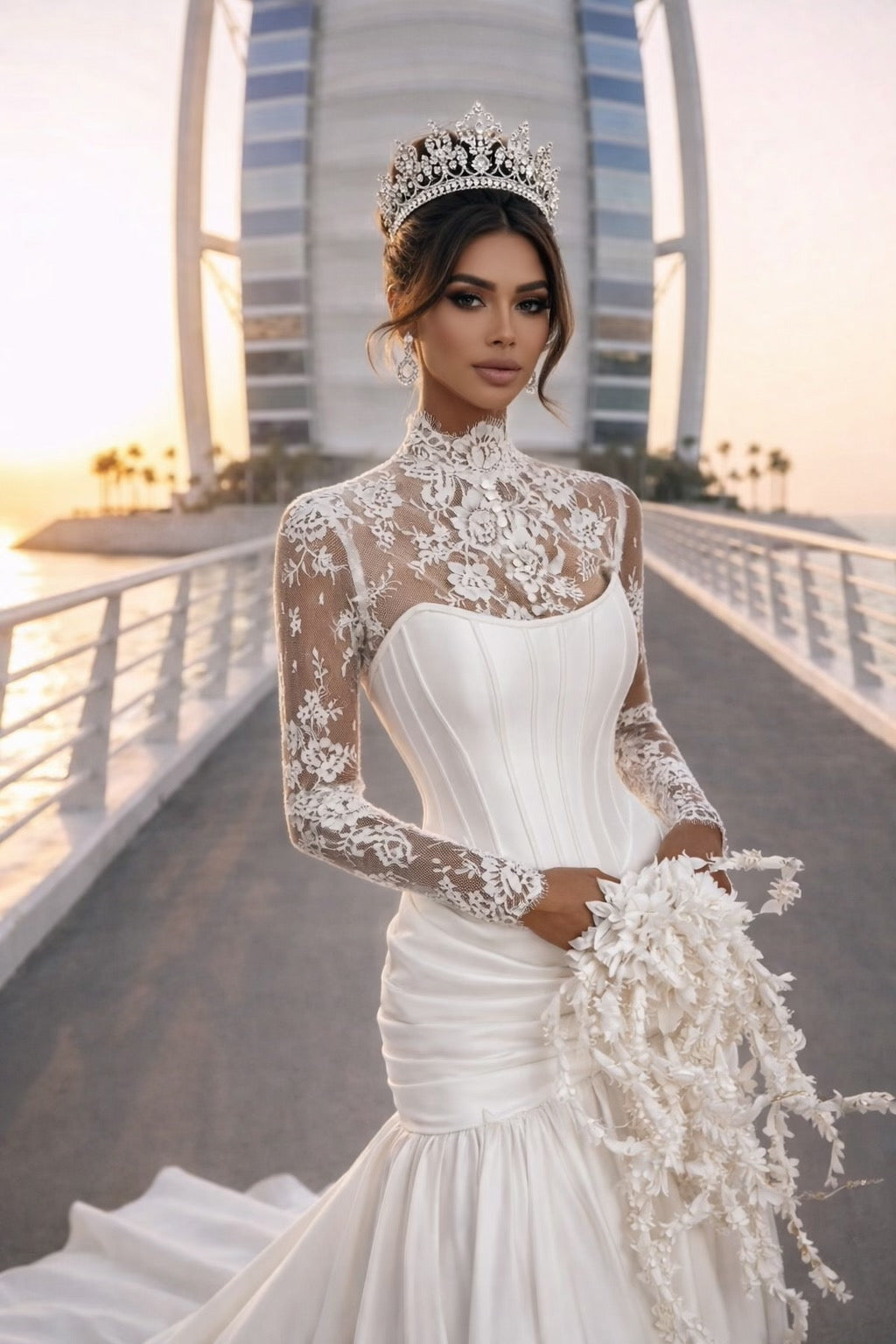 GRACE Lace High-Neck Corset Mermaid Gown With Draped Skirt