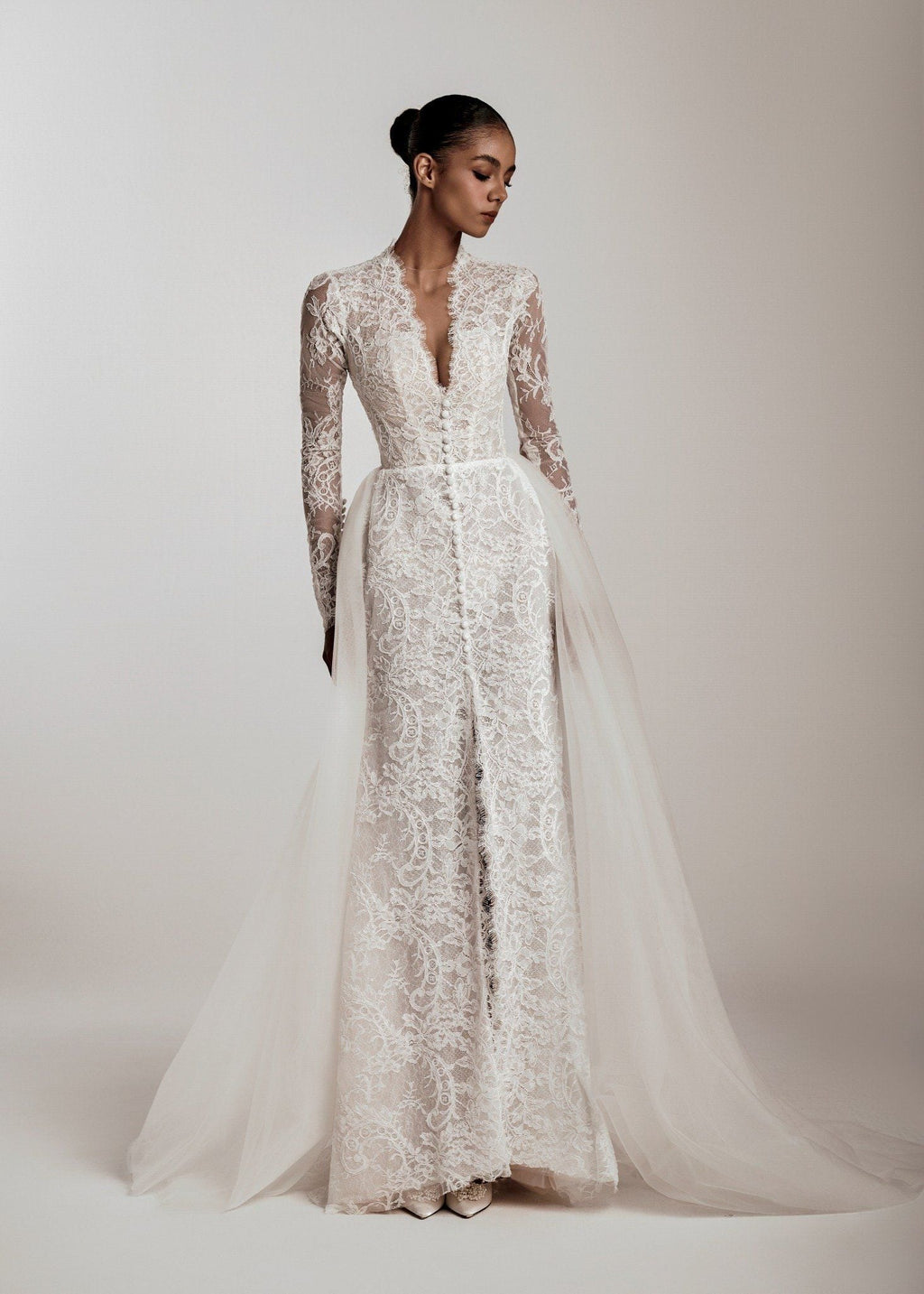 DOLORES Long Sleeve Lace Gown with Detachable Tulle Train