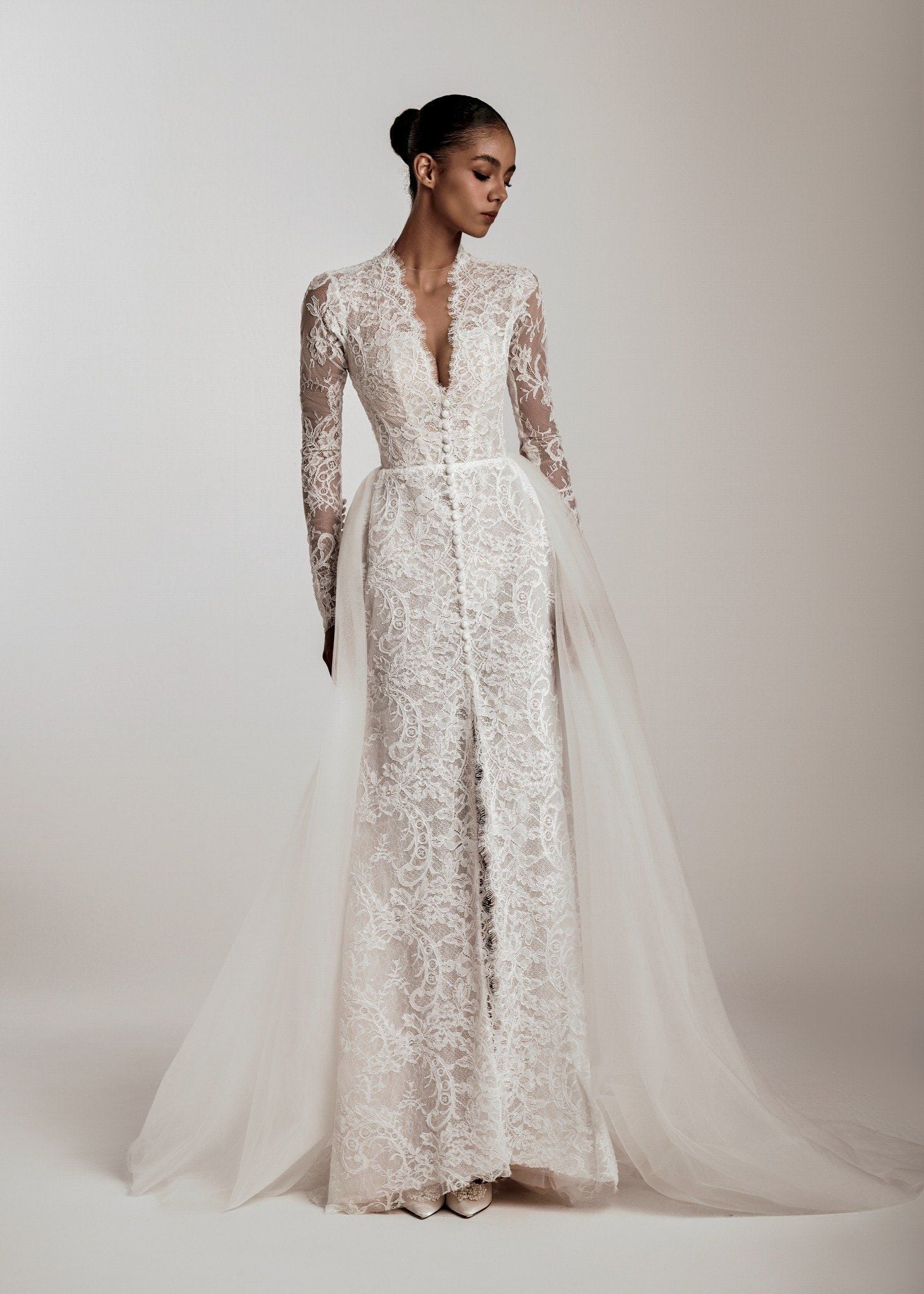 DOLORES Long Sleeve Lace Gown with Detachable Tulle Train