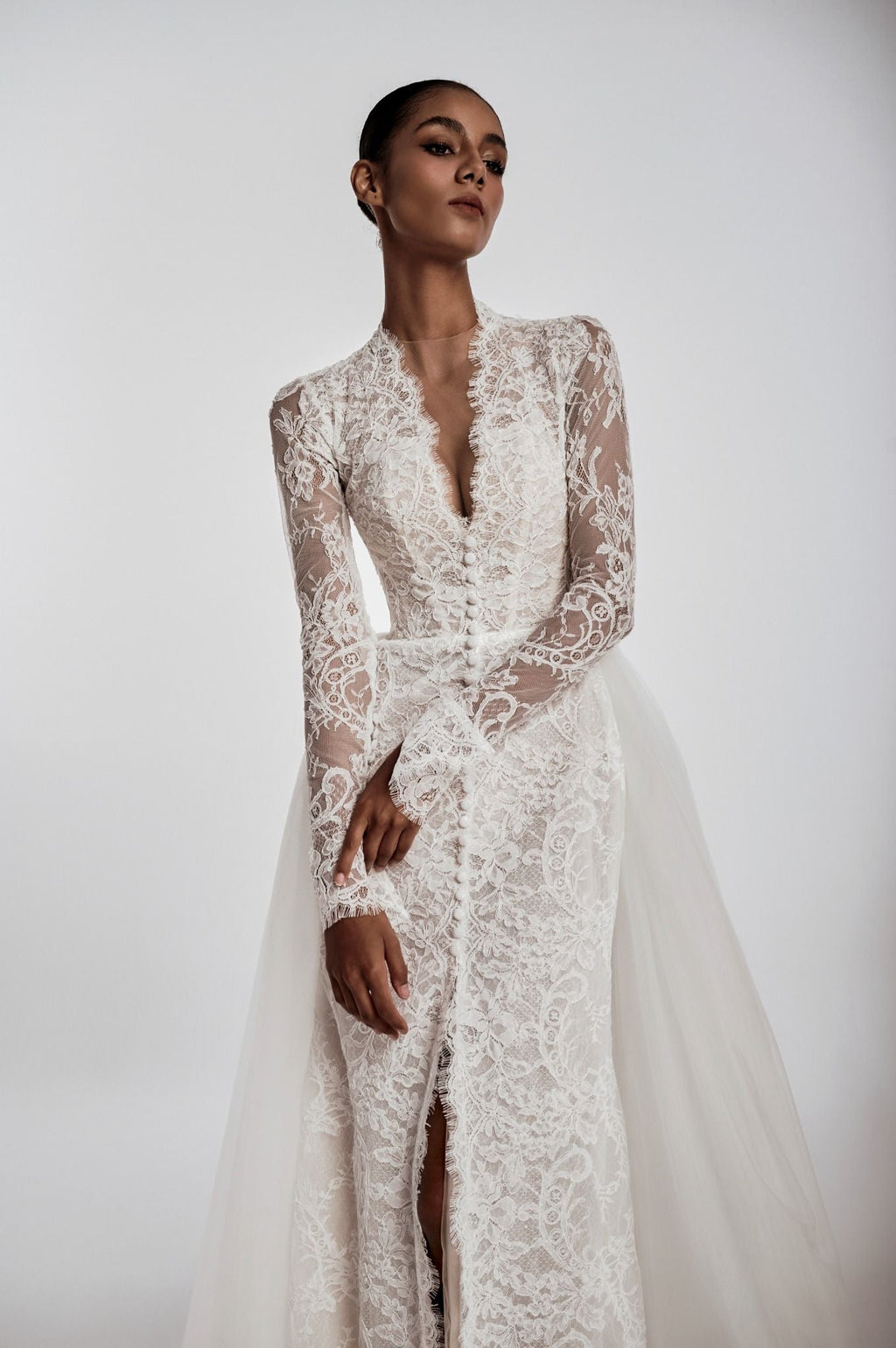 DOLORES Long Sleeve Lace Gown with Detachable Tulle Train