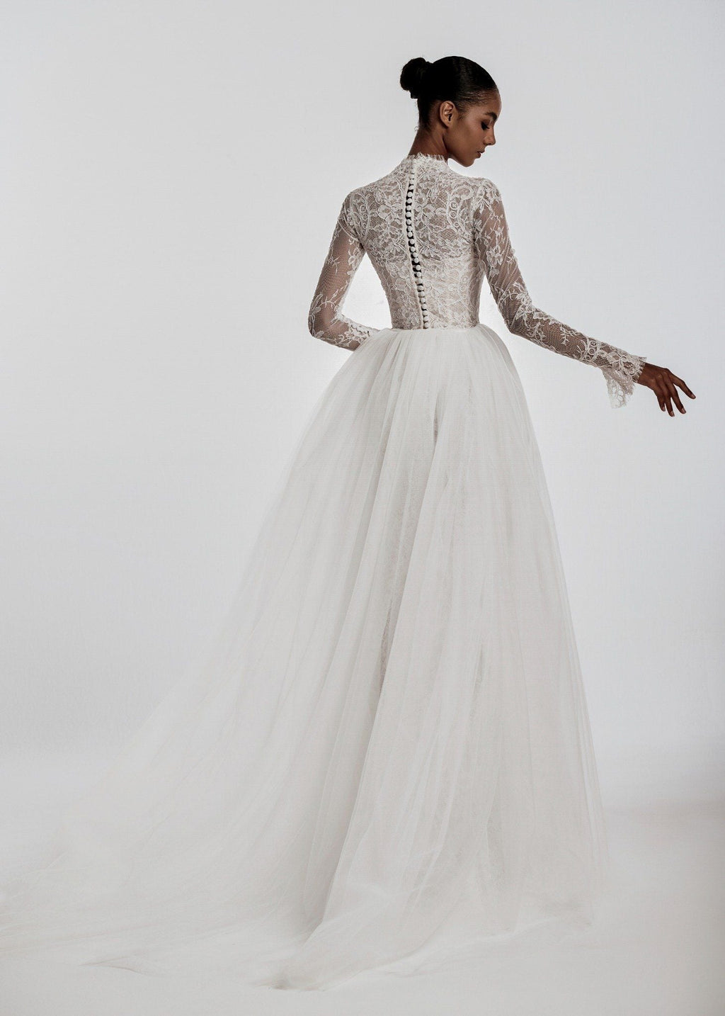 DOLORES Long Sleeve Lace Gown with Detachable Tulle Train