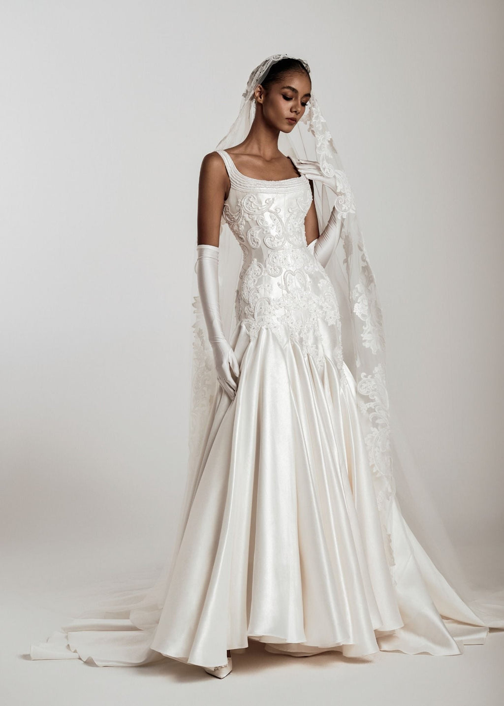 KLAUDIA Square Neck Corset Gown With Lace Detailing & Satin Skirt