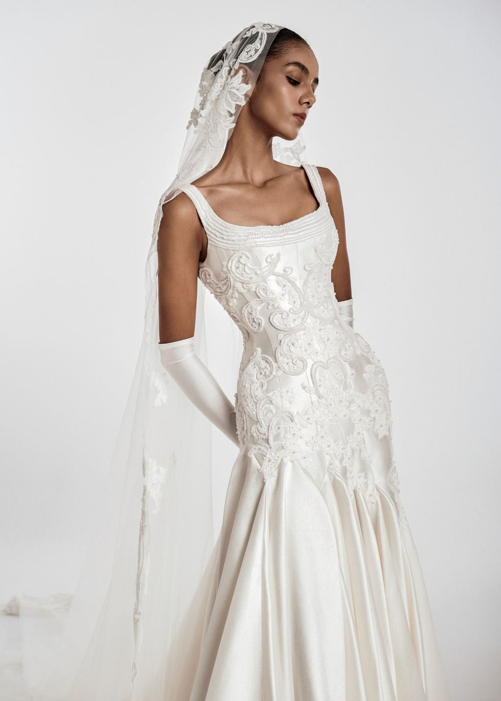KLAUDIA Square Neck Corset Gown With Lace Detailing & Satin Skirt