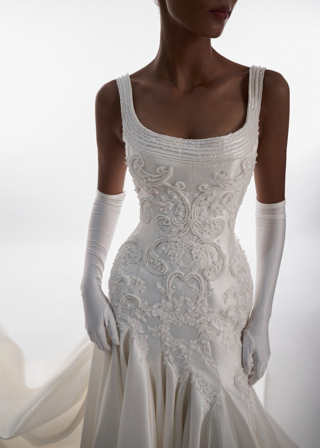 KLAUDIA Square Neck Corset Gown With Lace Detailing & Satin Skirt