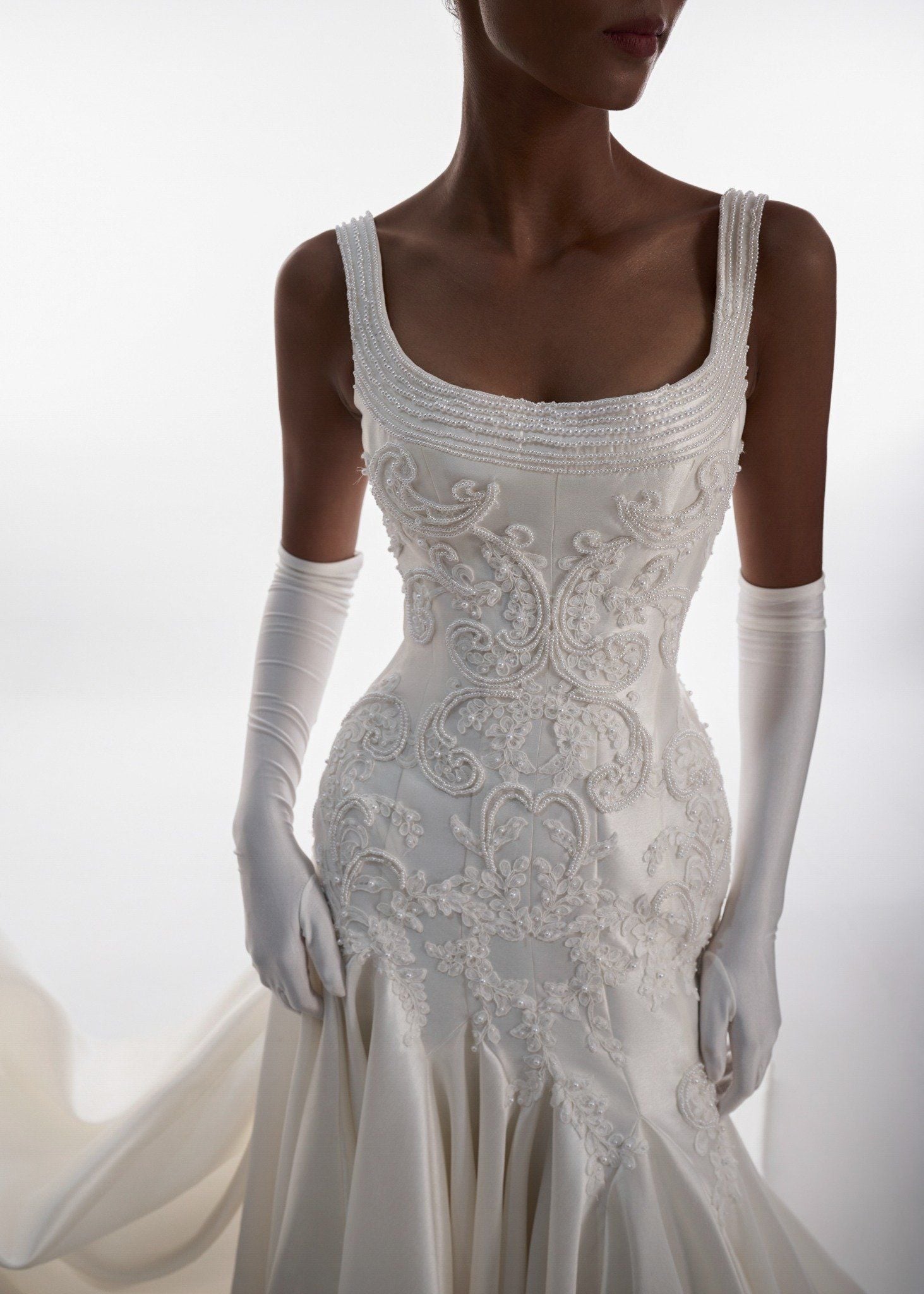 KLAUDIA Square Neck Corset Gown With Lace Detailing & Satin Skirt