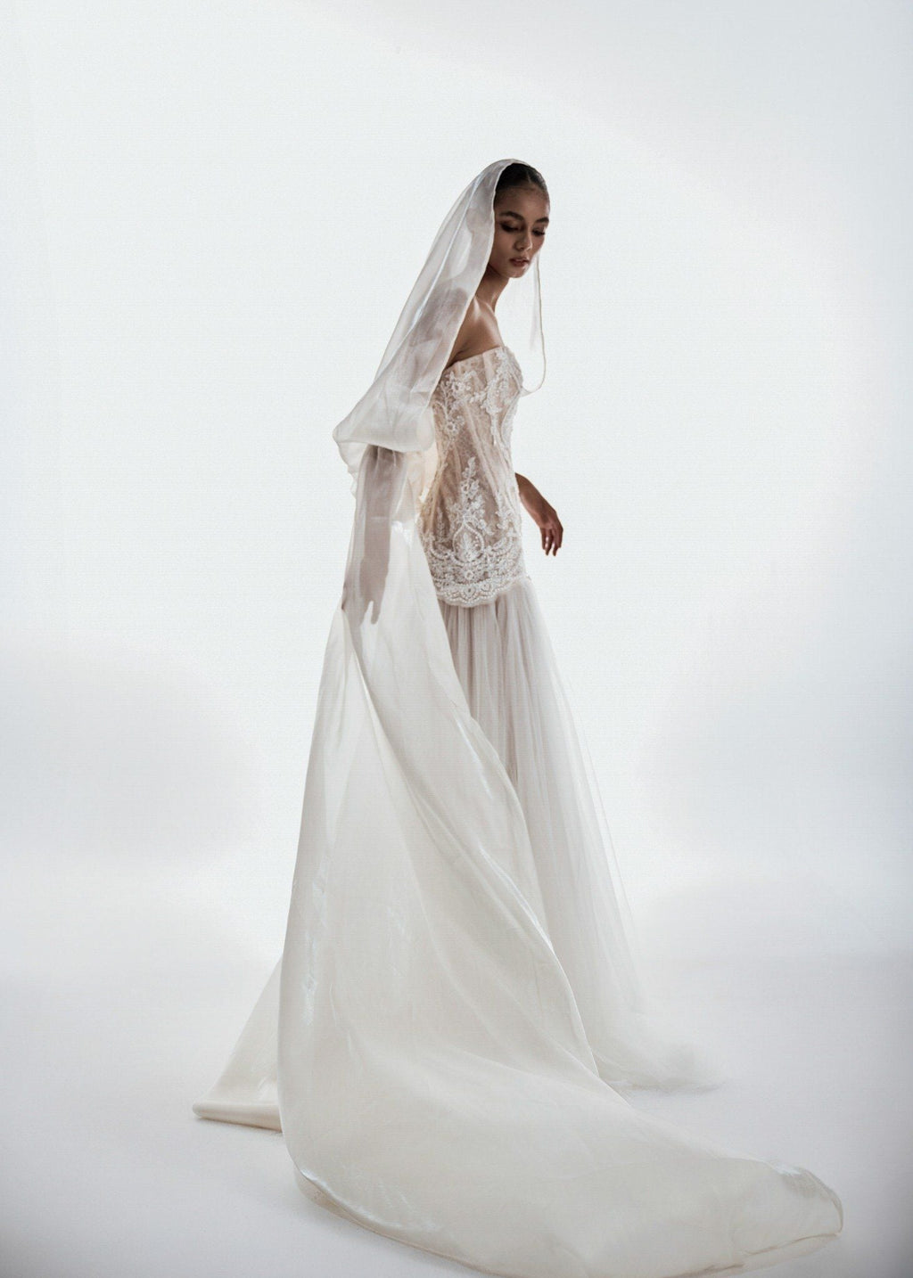 DAMIANA Strapless Lace Corset Gown With Flowing Tulle Skirt & Sheer Drape