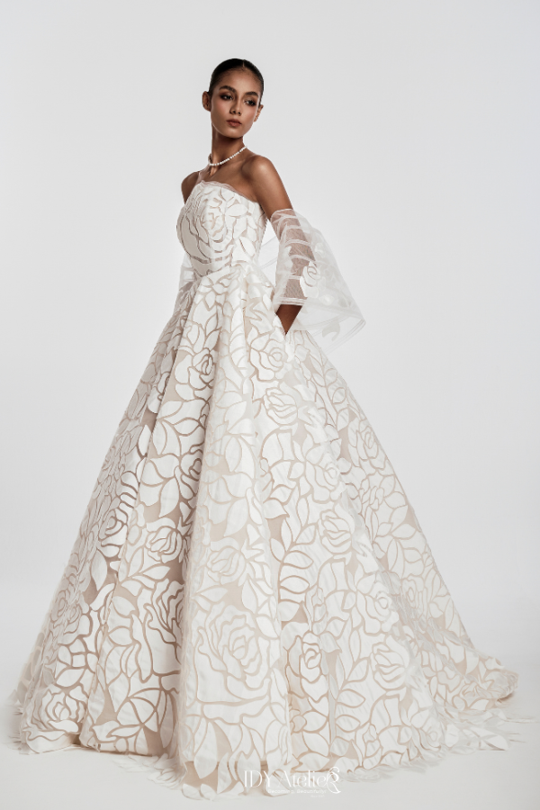 FABIANNA Strapless Floral Ball Gown With Detachable Sheer Sleeves