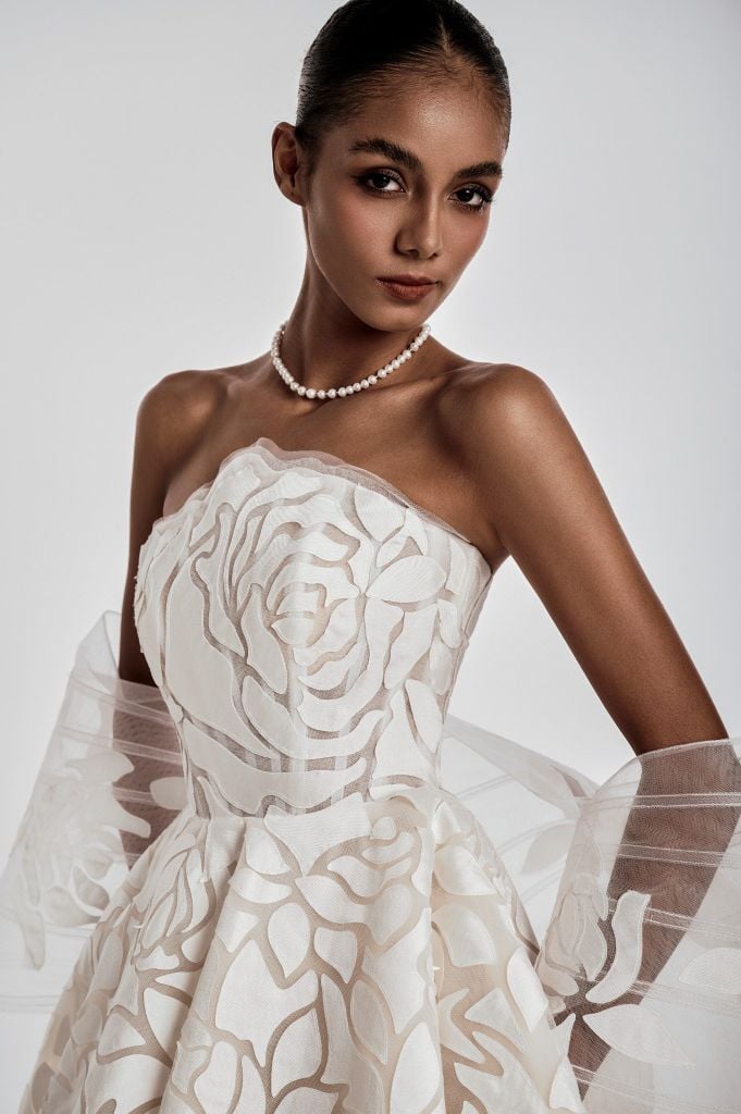 FABIANNA Strapless Floral Ball Gown With Detachable Sheer Sleeves