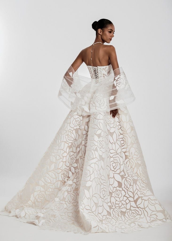 FABIANNA Strapless Floral Ball Gown With Detachable Sheer Sleeves