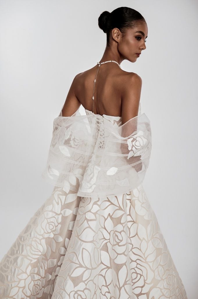 FABIANNA Strapless Floral Ball Gown With Detachable Sheer Sleeves