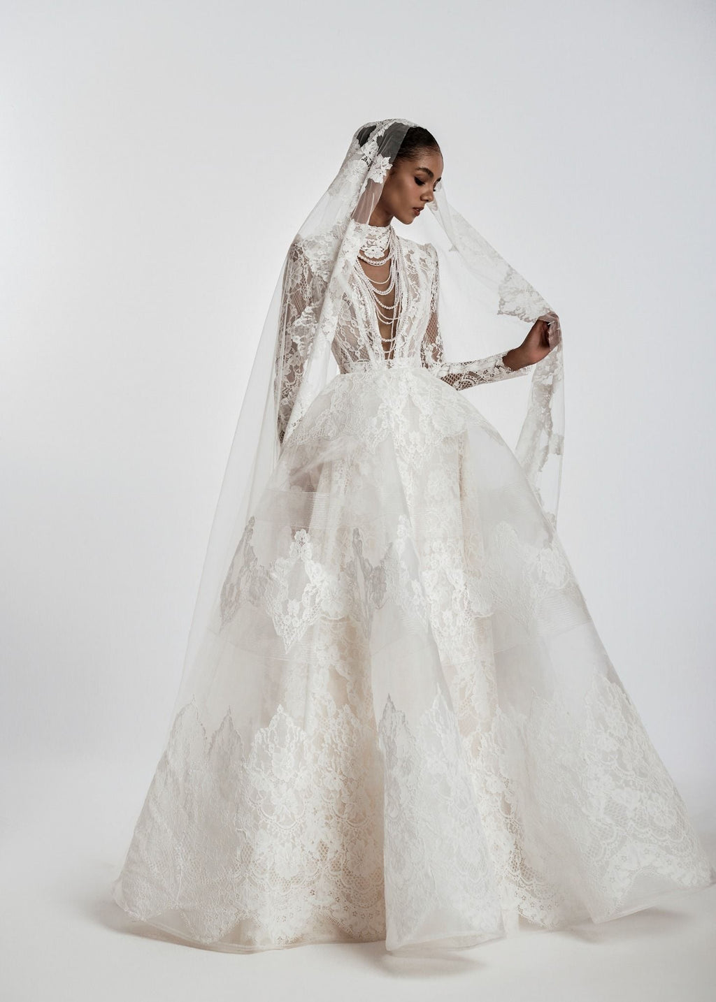MARLENA Deep V Lace Corset Ball Gown With Layered Tulle Skirt