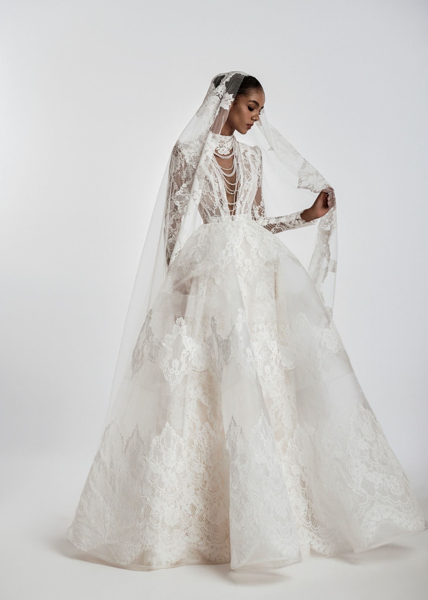 MARLENA Deep V Lace Corset Ball Gown With Layered Tulle Skirt