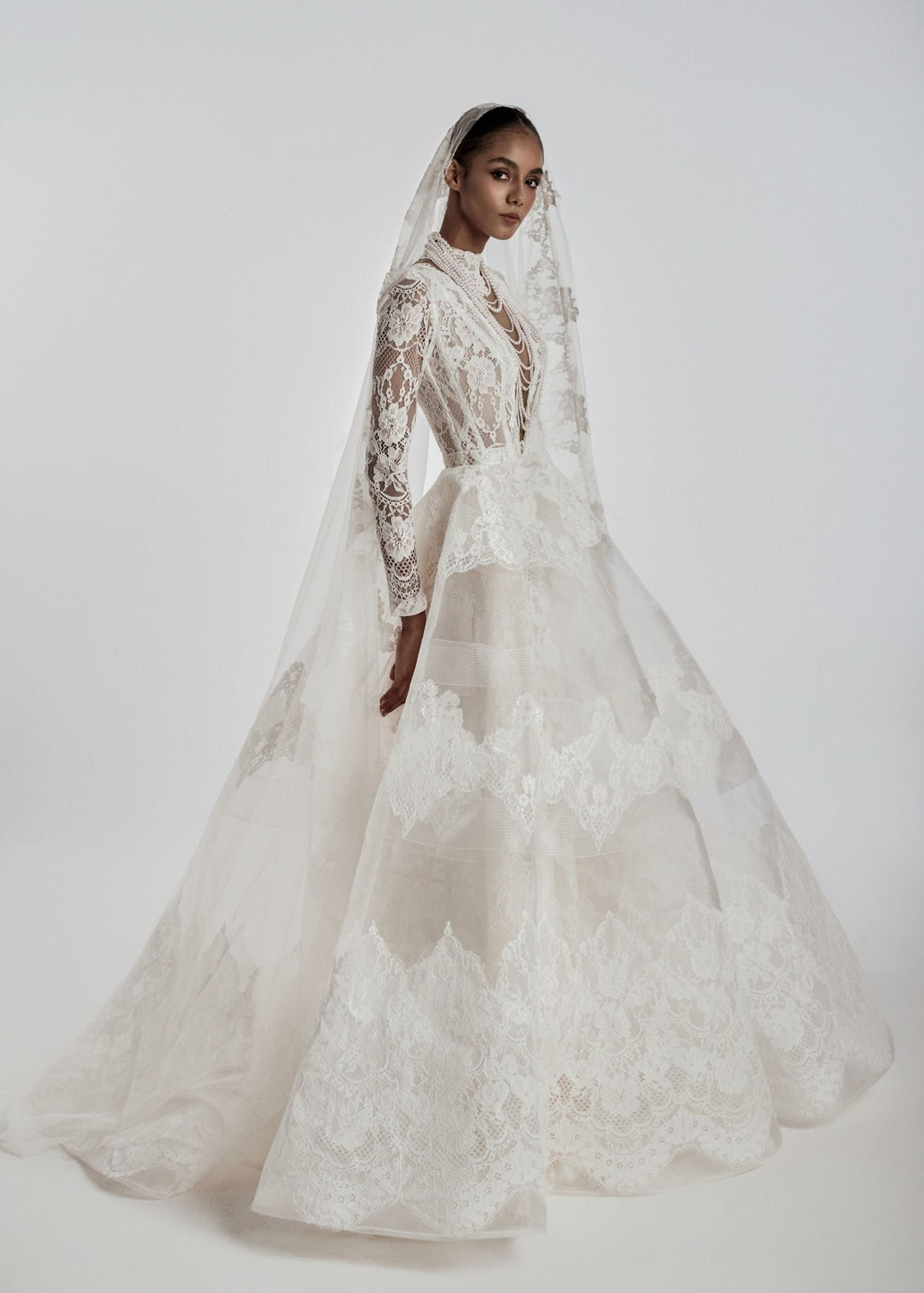 MARLENA Deep V Lace Corset Ball Gown With Layered Tulle Skirt