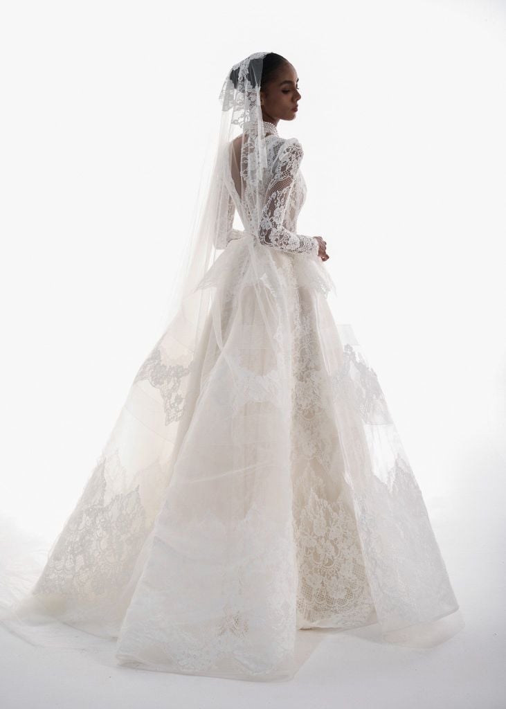 MARLENA Deep V Lace Corset Ball Gown With Layered Tulle Skirt