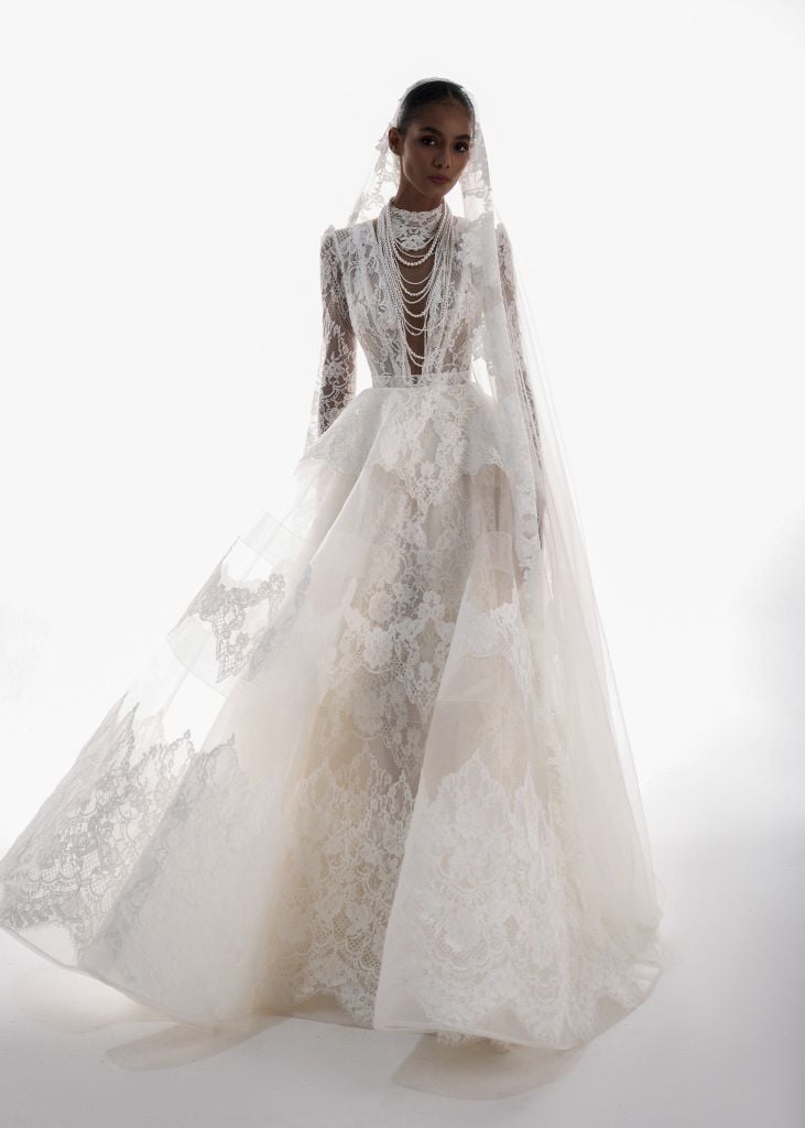 MARLENA Deep V Lace Corset Ball Gown With Layered Tulle Skirt