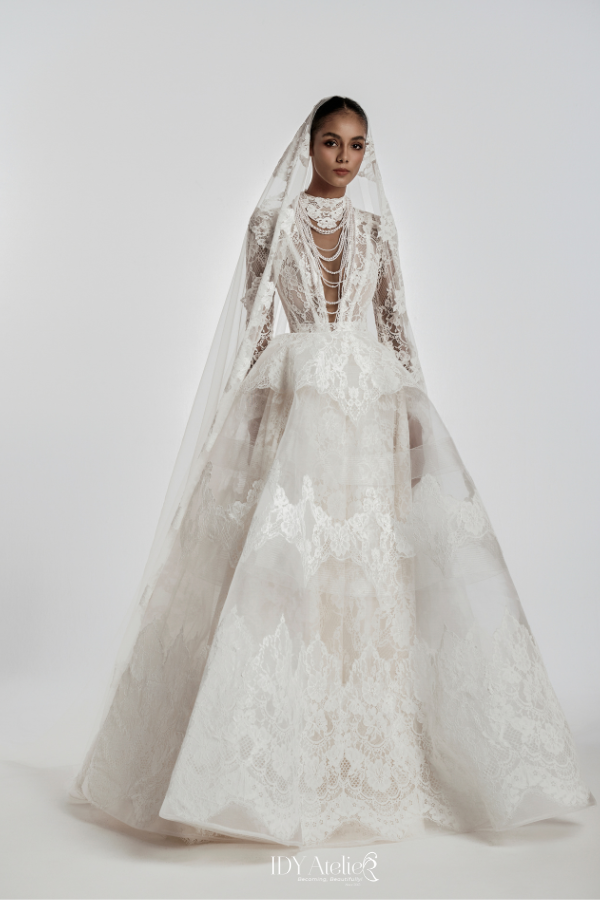 MARLENA Deep V Lace Corset Ball Gown With Layered Tulle Skirt