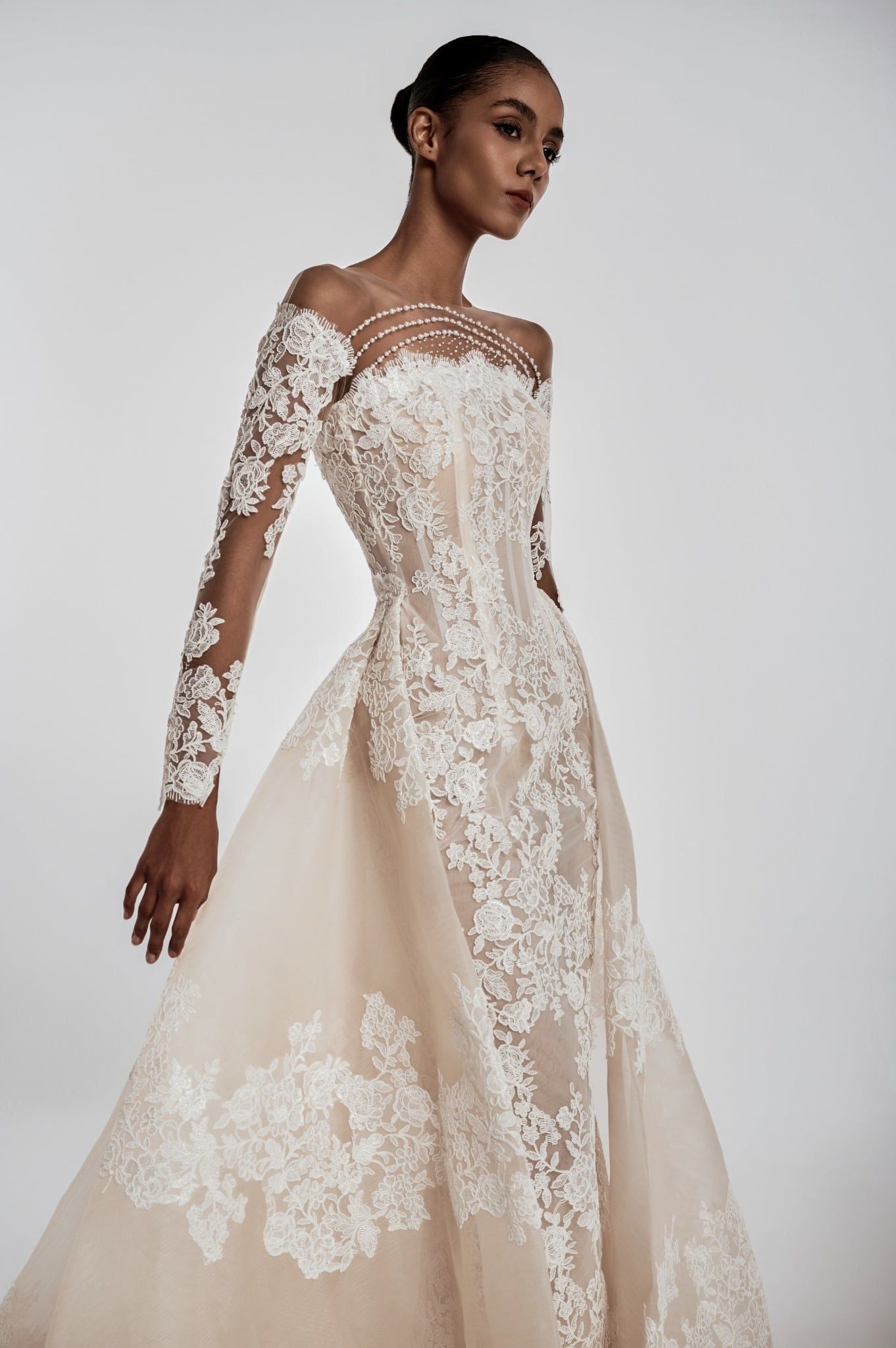 MARY Off-Shoulder Lace Corset Gown With Pearl Detailing & Detachable Overskirt