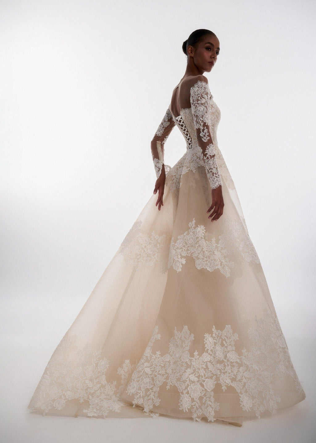 MARY Off-Shoulder Lace Corset Gown With Pearl Detailing & Detachable Overskirt