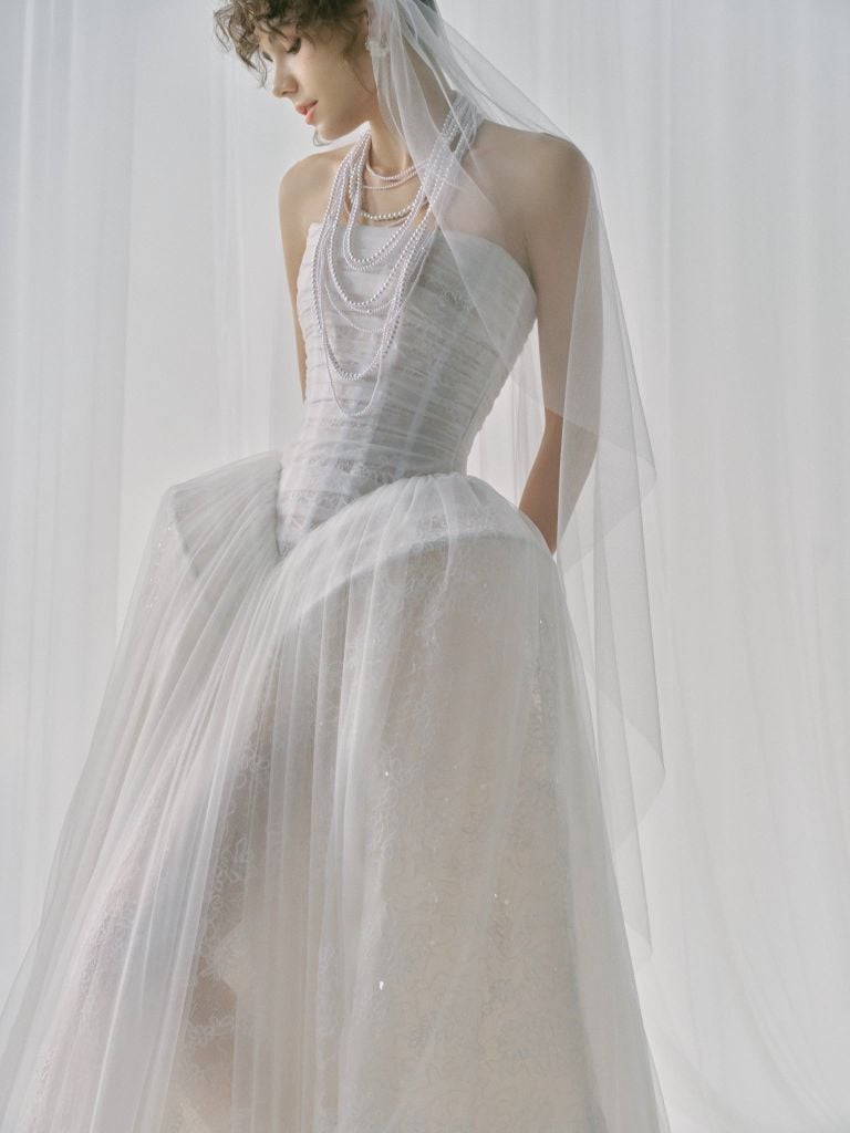 ASTERIA Strapless Draped Tulle Ball Gown With Pearl Detailing