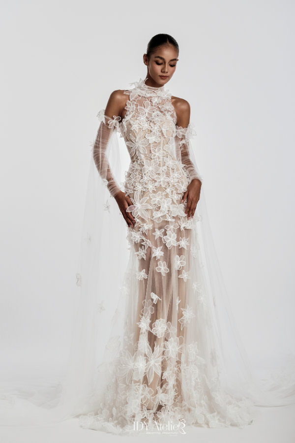 Klarissa Sheer Floral Appliqué Gown With High Neck & Detachable Sleeves