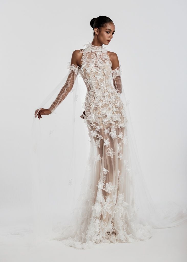 Klarissa Sheer Floral Appliqué Gown With High Neck & Detachable Sleeves
