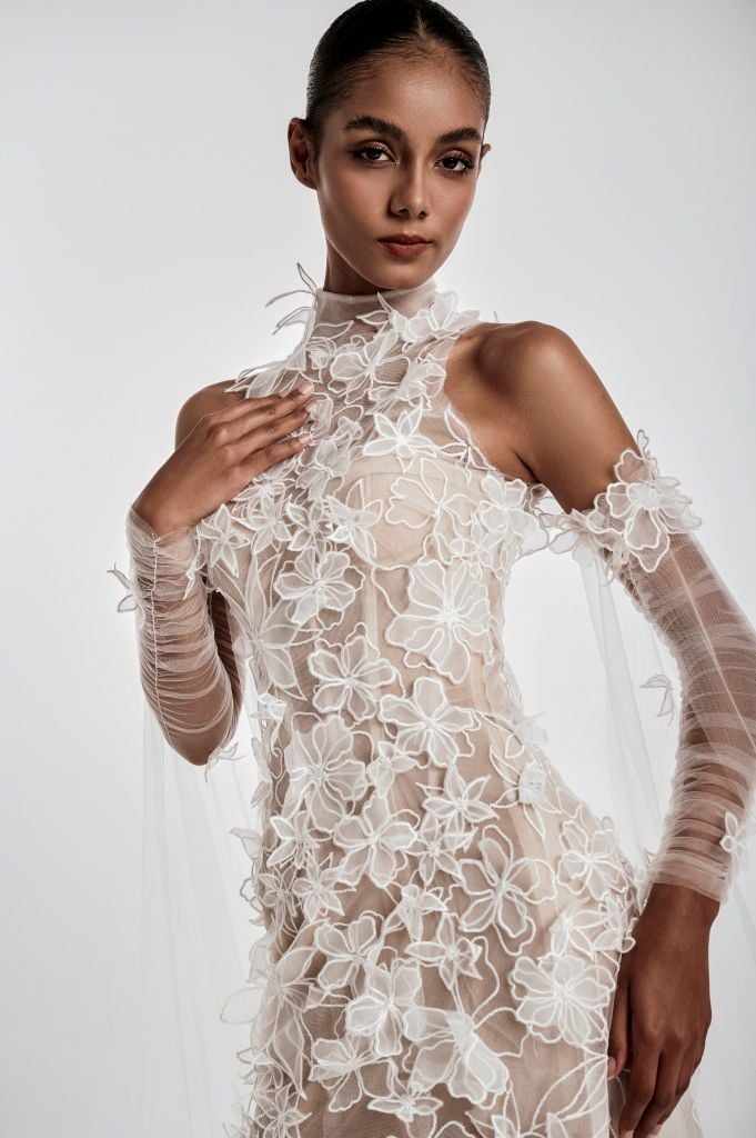 Klarissa Sheer Floral Appliqué Gown With High Neck & Detachable Sleeves