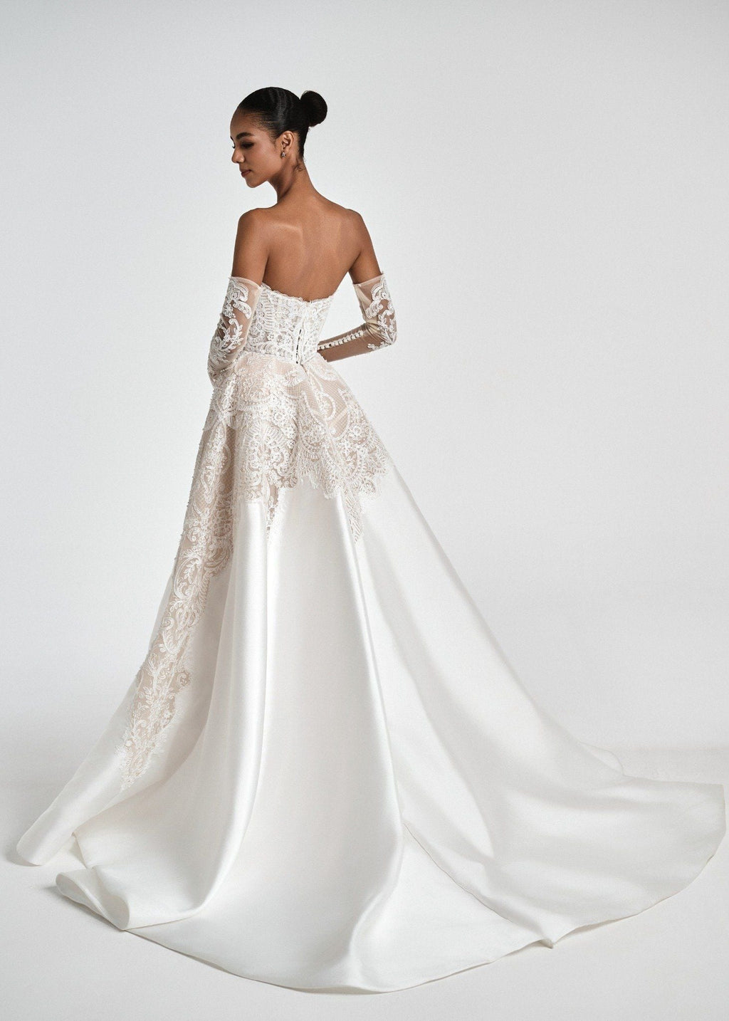 TONNICE Strapless Corset Ball Gown With Lace Draping & Detachable Sleeves