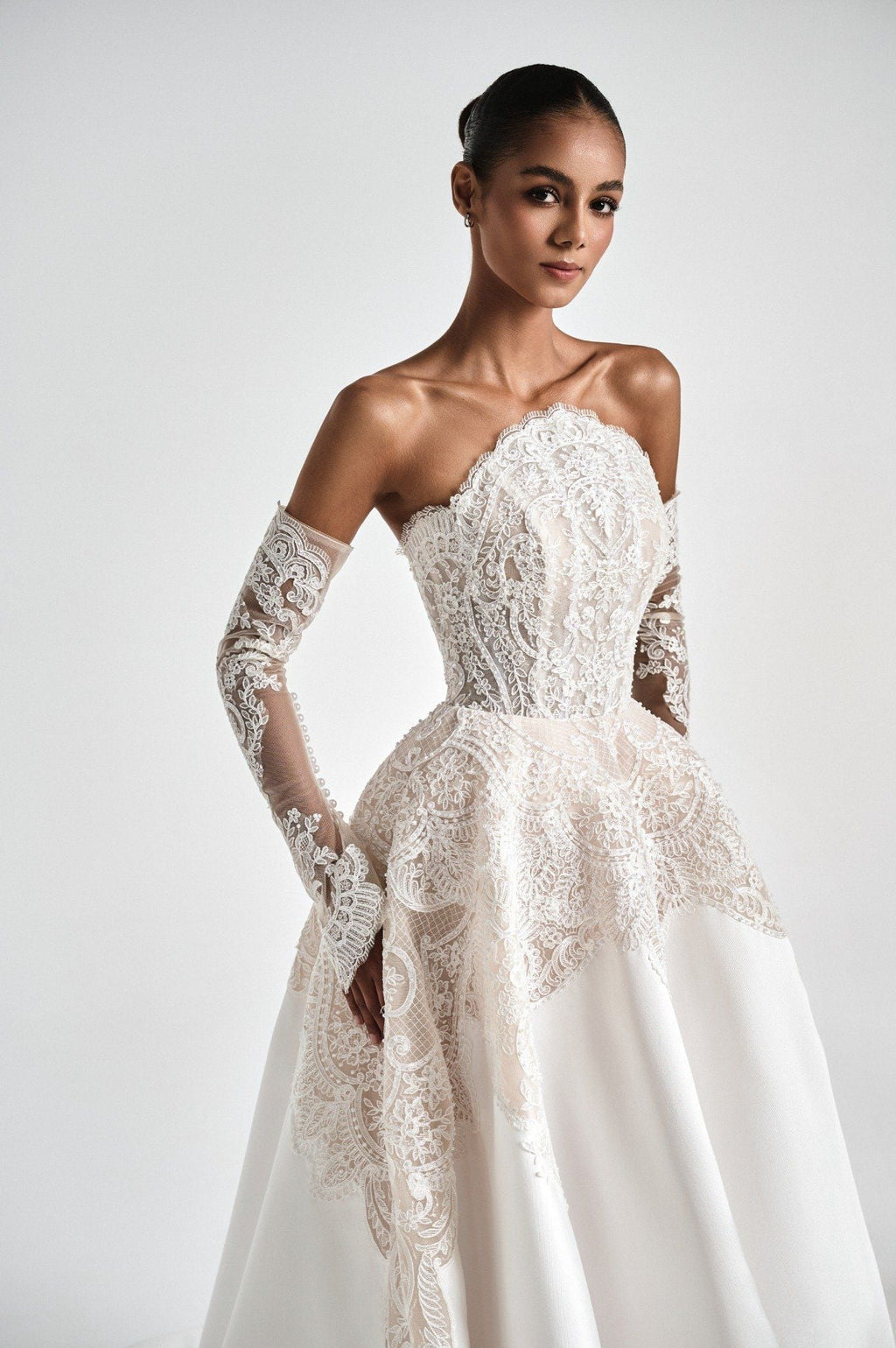 TONNICE Strapless Corset Ball Gown With Lace Draping & Detachable Sleeves