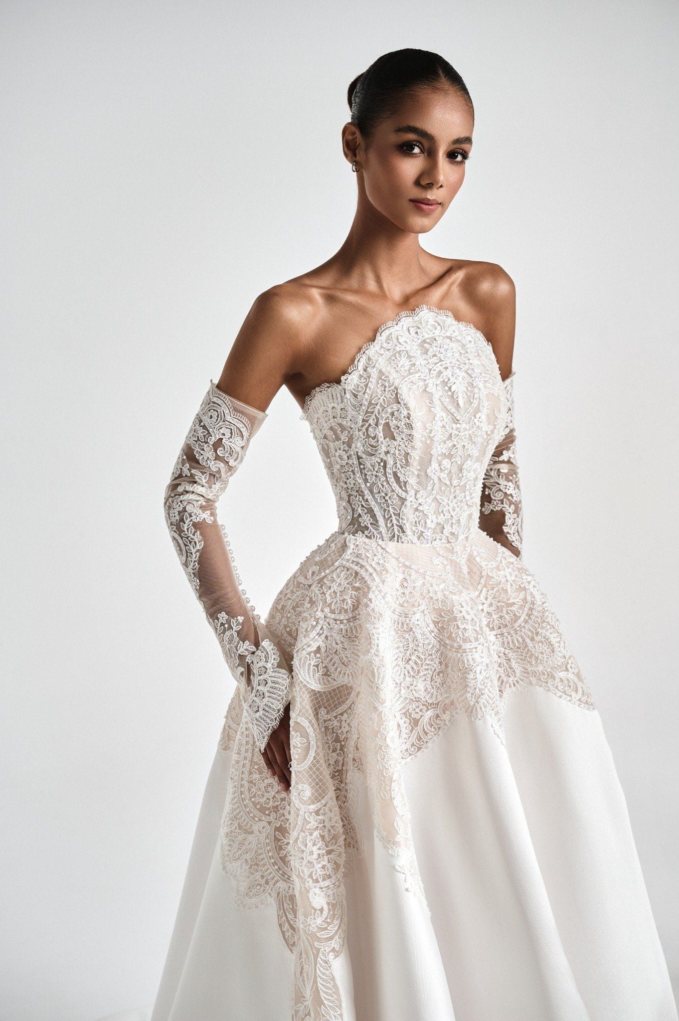 TONNICE Strapless Corset Ball Gown With Lace Draping & Detachable Sleeves