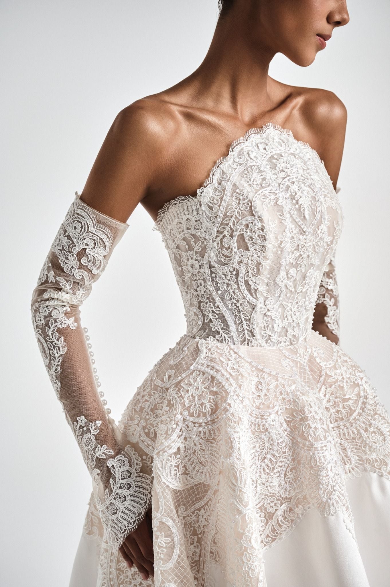 TONNICE Strapless Corset Ball Gown With Lace Draping & Detachable Sleeves